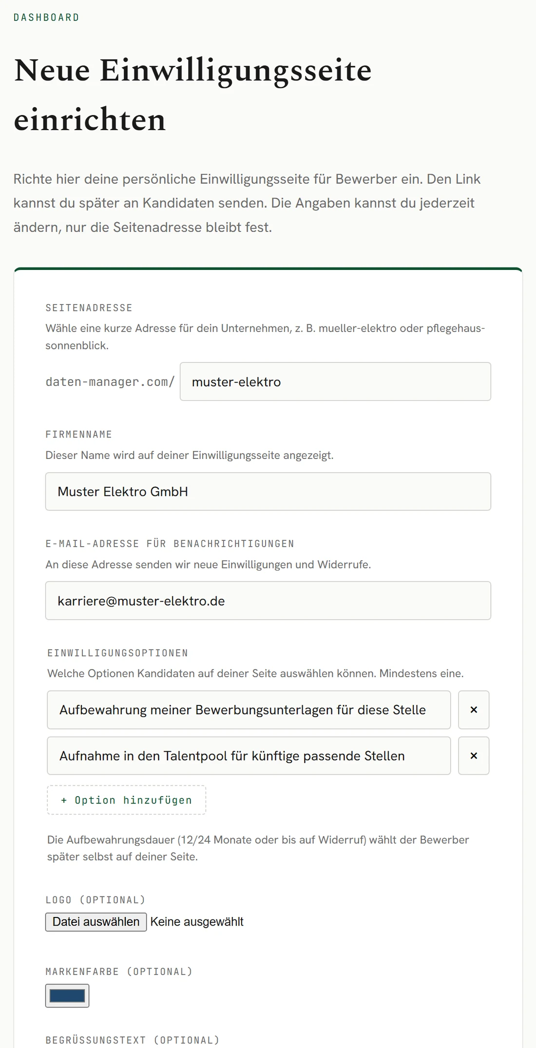 Einwilligungsseite selbst einrichten