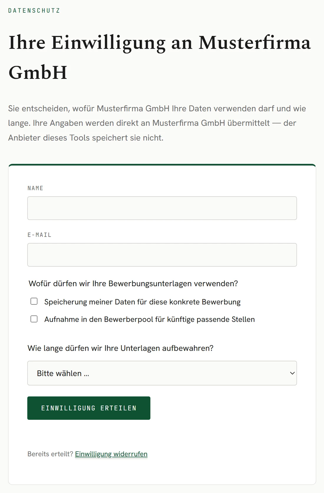 Einwilligungsseite für Bewerber