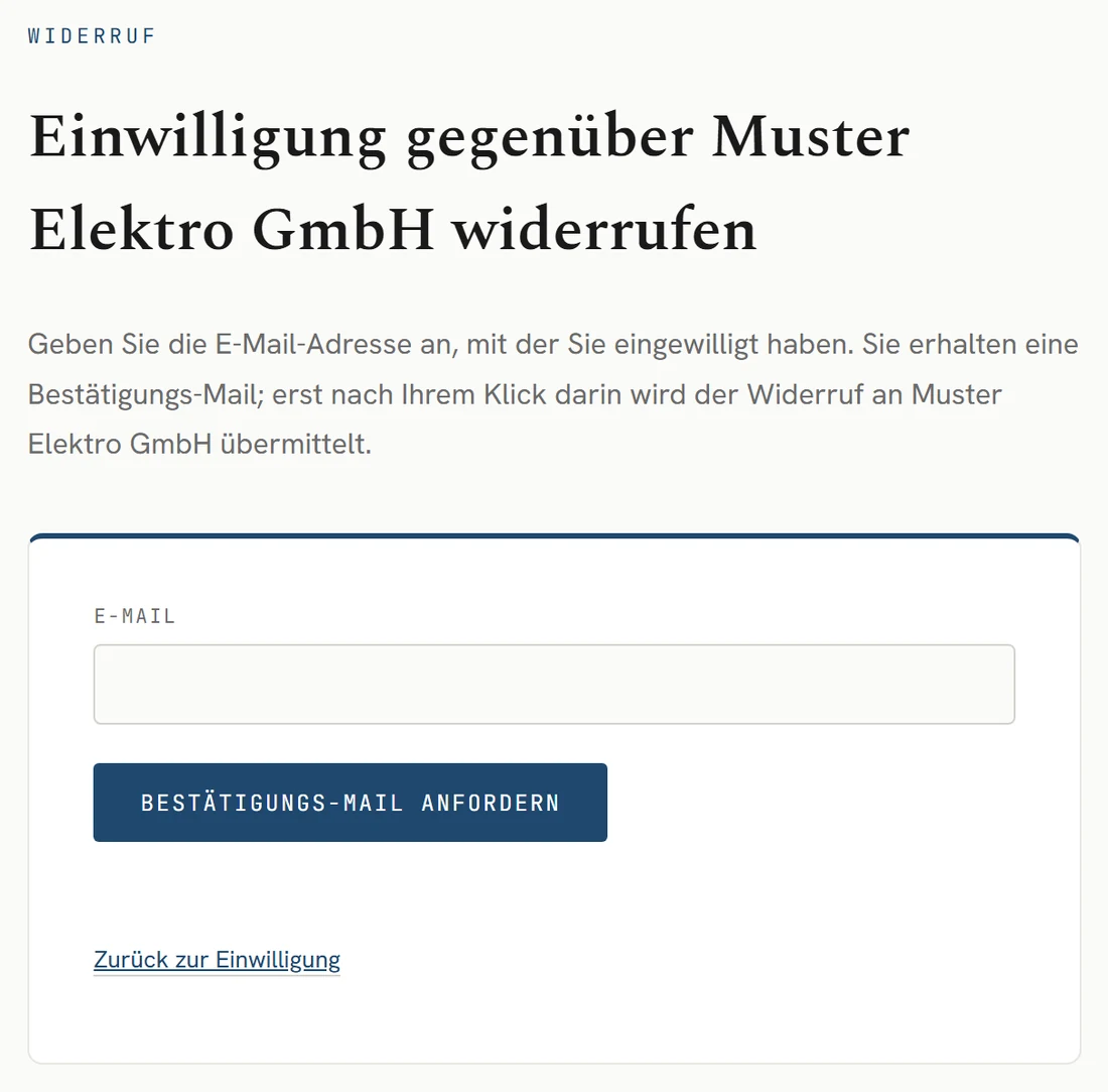 Seite zum Widerruf der Einwilligung
