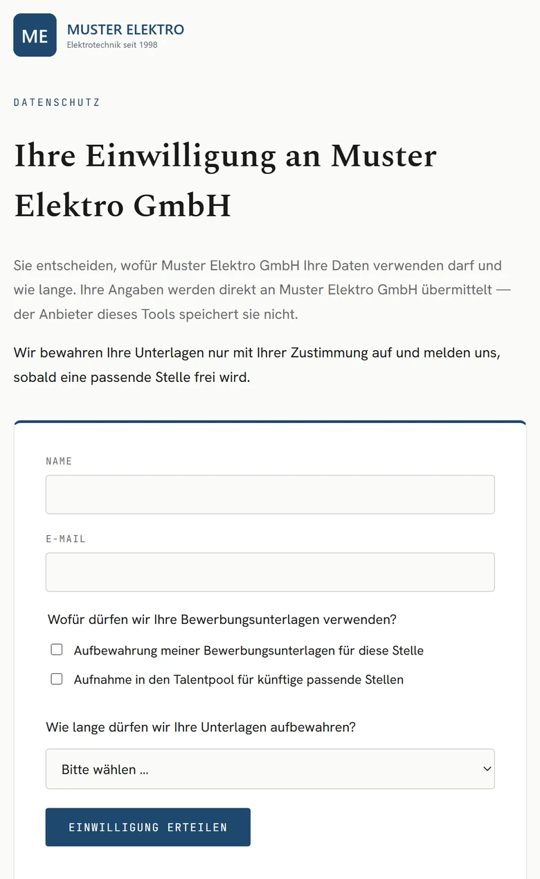 Eine gebrandete Einwilligungsseite für Bewerber, mit Logo und Firmenfarbe