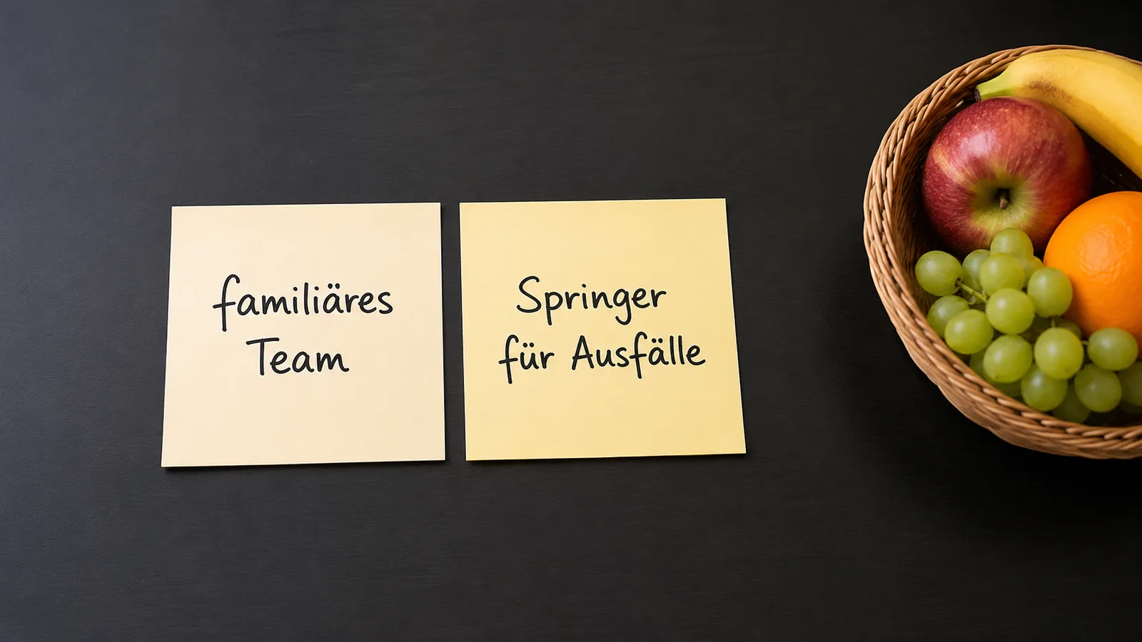 Zwei Notizzettel nebeneinander auf einem dunklen Tisch. Auf dem linken steht „familiäres Team“, auf dem rechten „Springer für Ausfälle“, daneben ein Obstkorb, der etwas abseits steht.