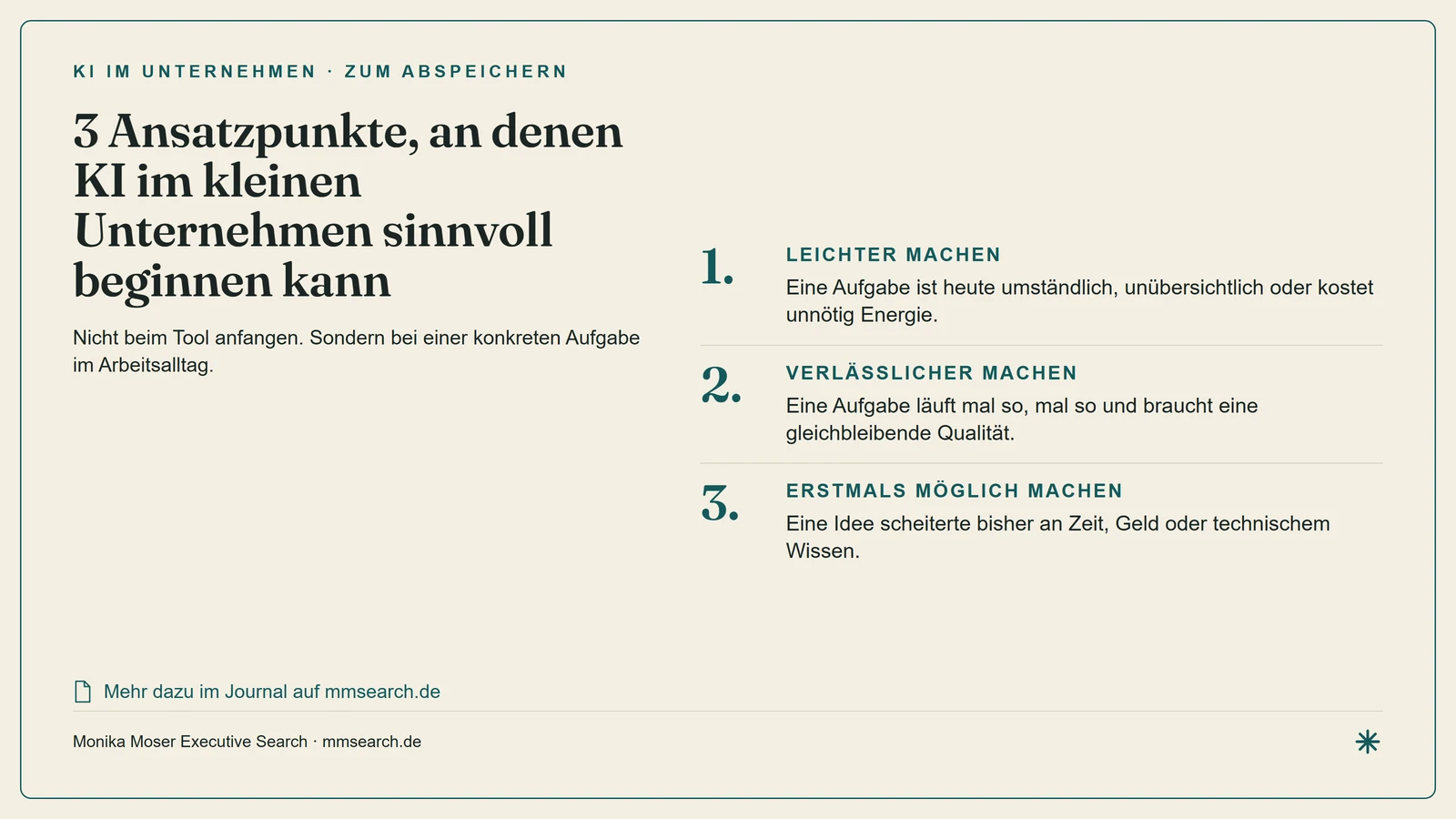 Übersicht: Drei Ansatzpunkte, an denen KI im kleinen Unternehmen sinnvoll beginnen kann — etwas leichter, verlässlicher oder erstmals möglich machen.