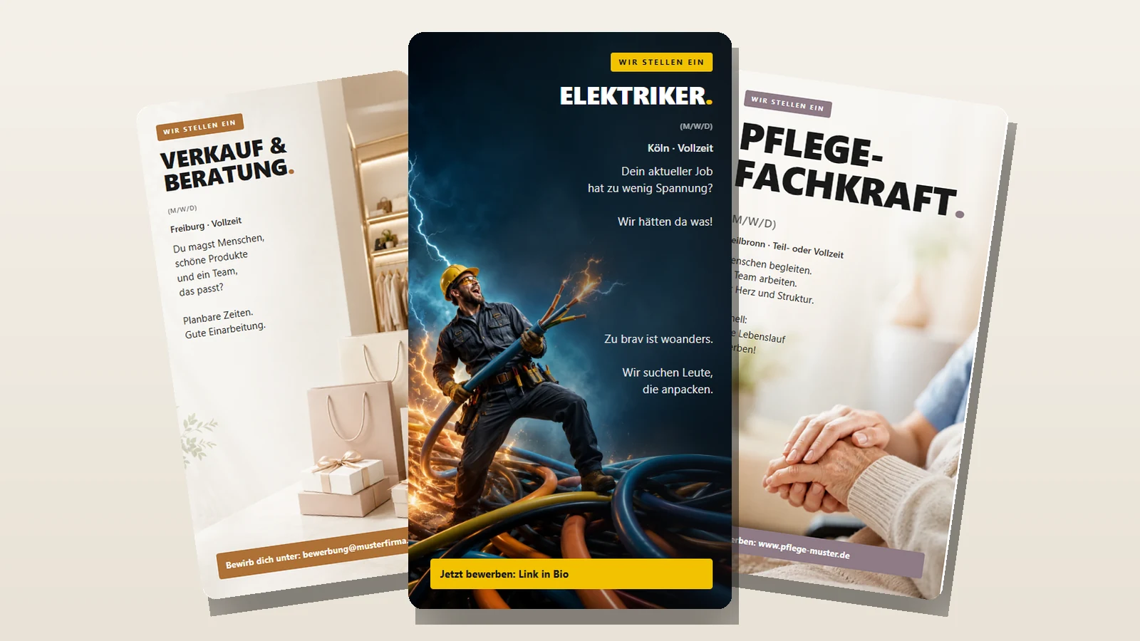 Drei fertige Social-Media-Stellenanzeigen für Elektriker, Pflegefachkraft und Verkauf, erstellt mit dem Werkzeug von Monika Moser Executive Search