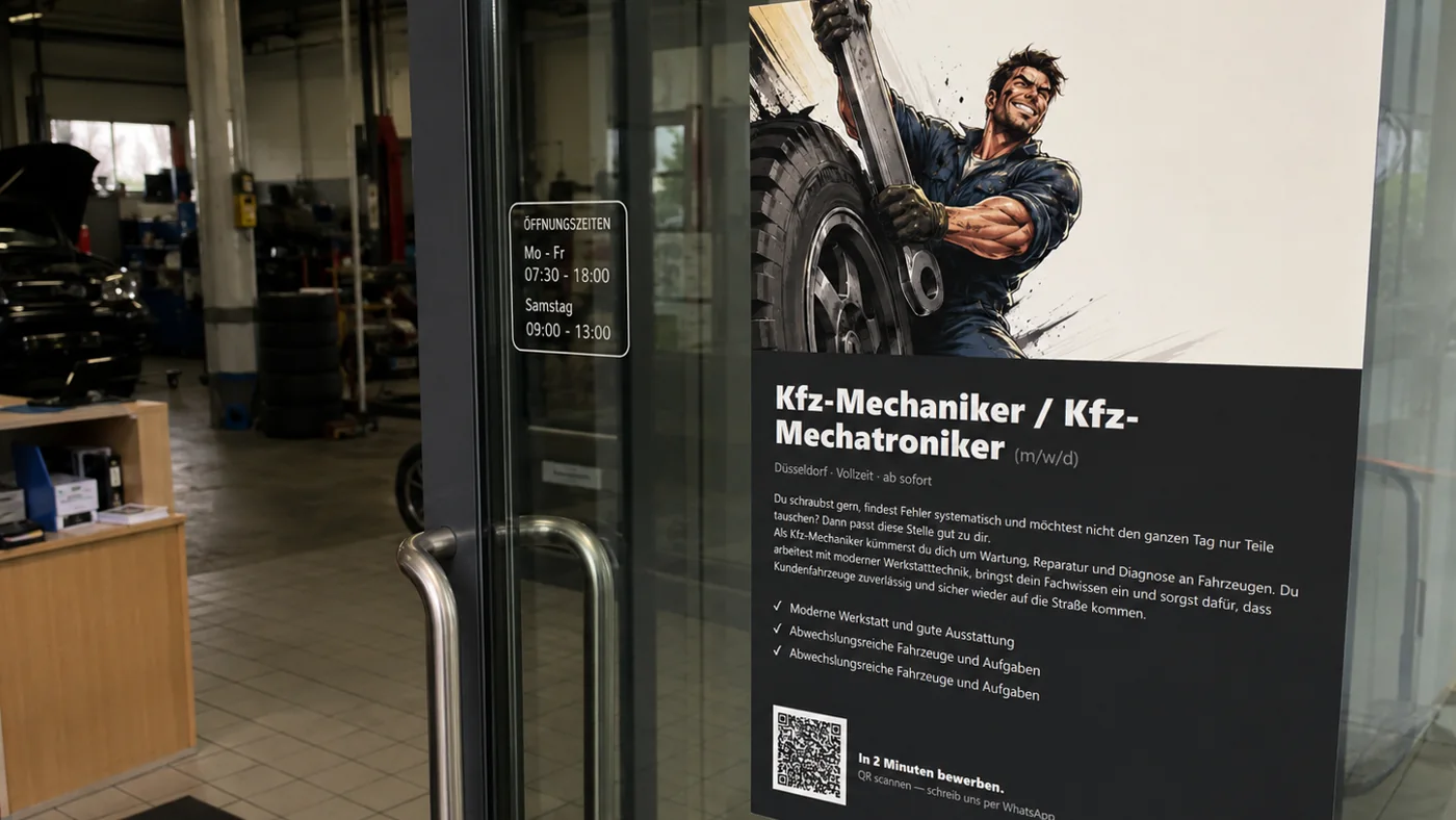Stellen-Aushang für eine Kfz-Werkstatt an der gläsernen Eingangstür, dahinter die Werkstatt