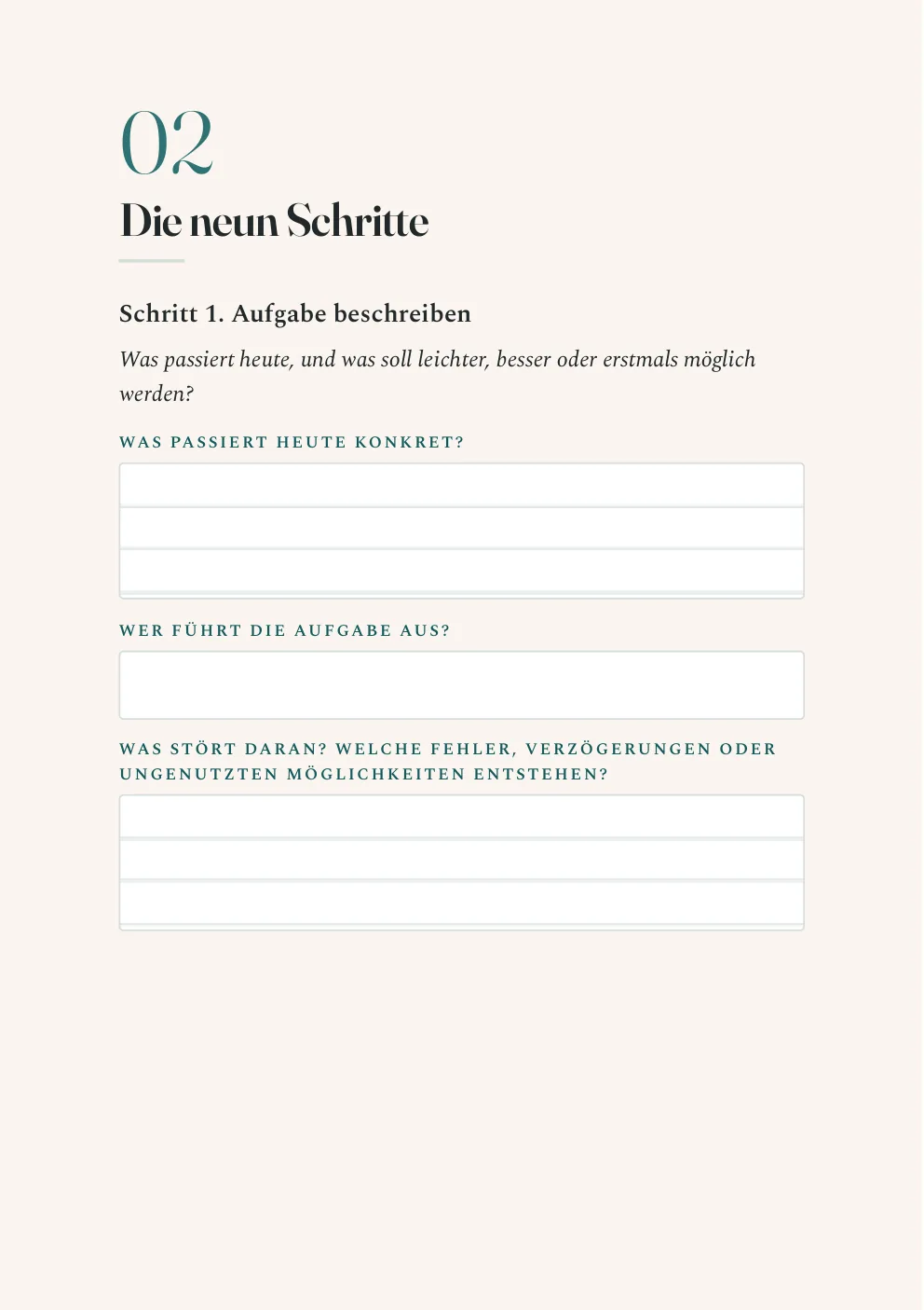 Der KI-Entscheidungsbogen als PDF, die neun Schritte mit Feldern zum Ausfüllen.