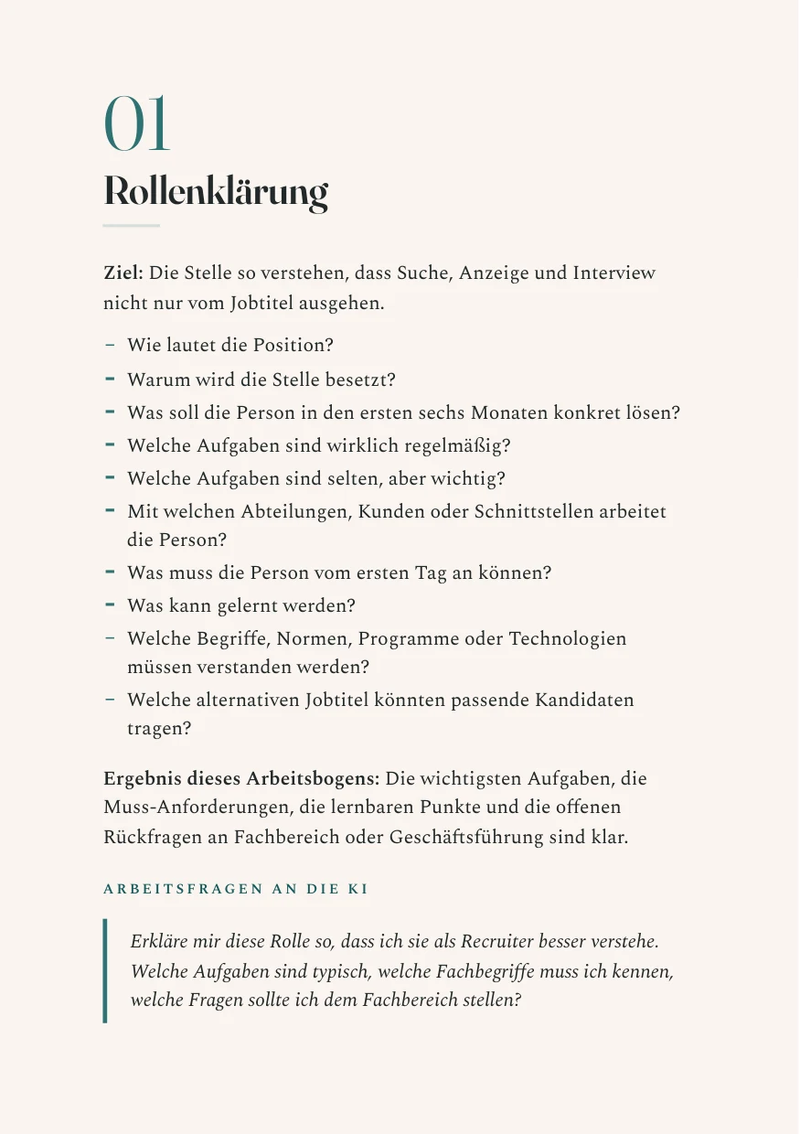 Der Arbeitsbogen „Rollenklärung“ mit Ziel, Fragen, Arbeitsfragen an die KI und Prüffrage.