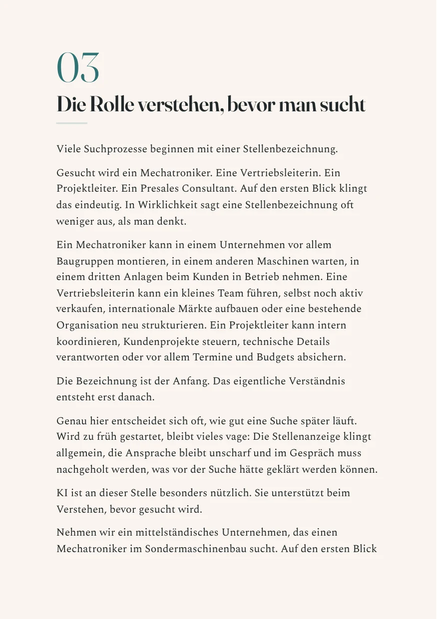 Kapitelauftakt „Die Rolle verstehen, bevor man sucht“ im Petrol-Design