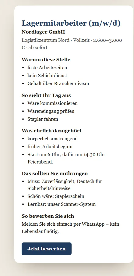 Fertige Job-Seite Lagermitarbeiter
