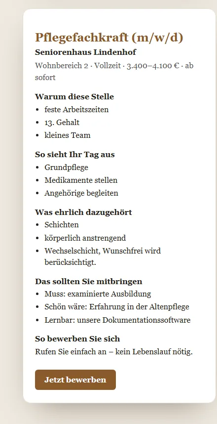 Fertige Job-Seite Pflegefachkraft