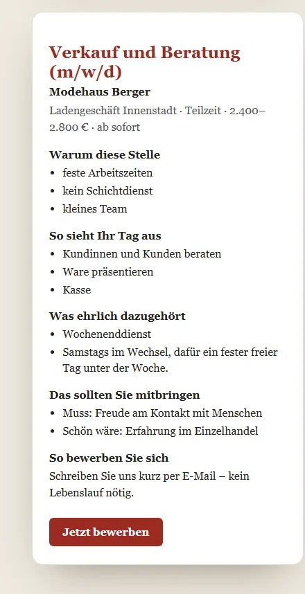 Fertige Job-Seite Verkauf und Beratung
