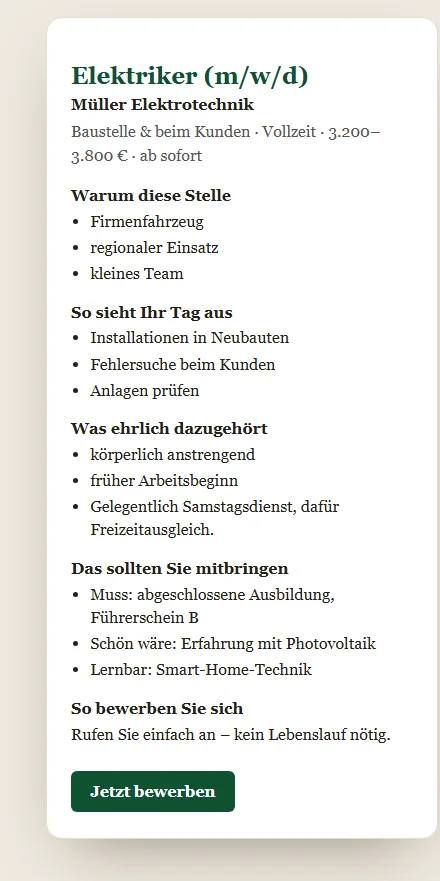 Eine fertige Job-Seite mit Gehalt, Alltag und ehrlichen Hinweisen