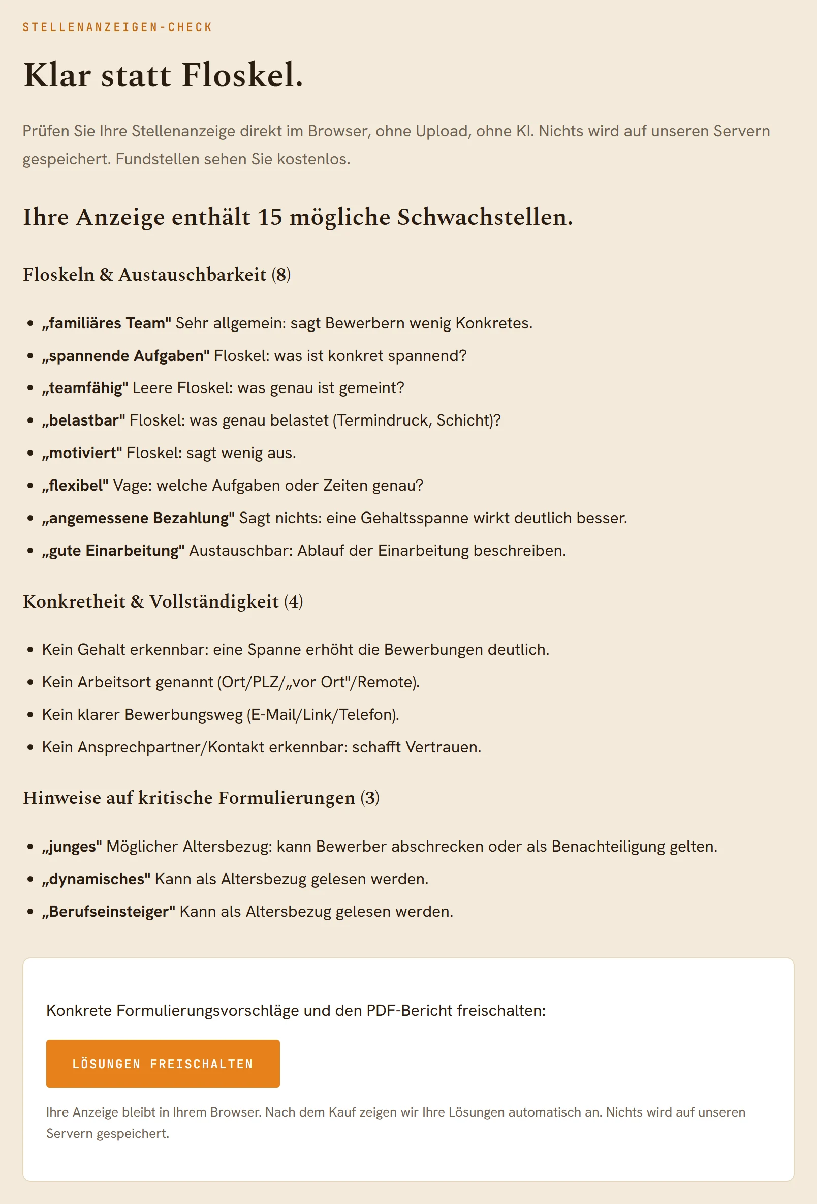 Prüfbericht mit markierten Fundstellen nach Kategorien