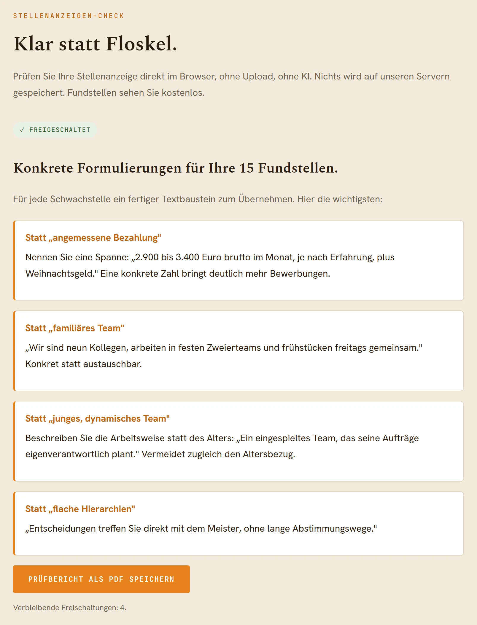 Freigeschaltete konkrete Formulierungsvorschläge im Stellenanzeigen-Check