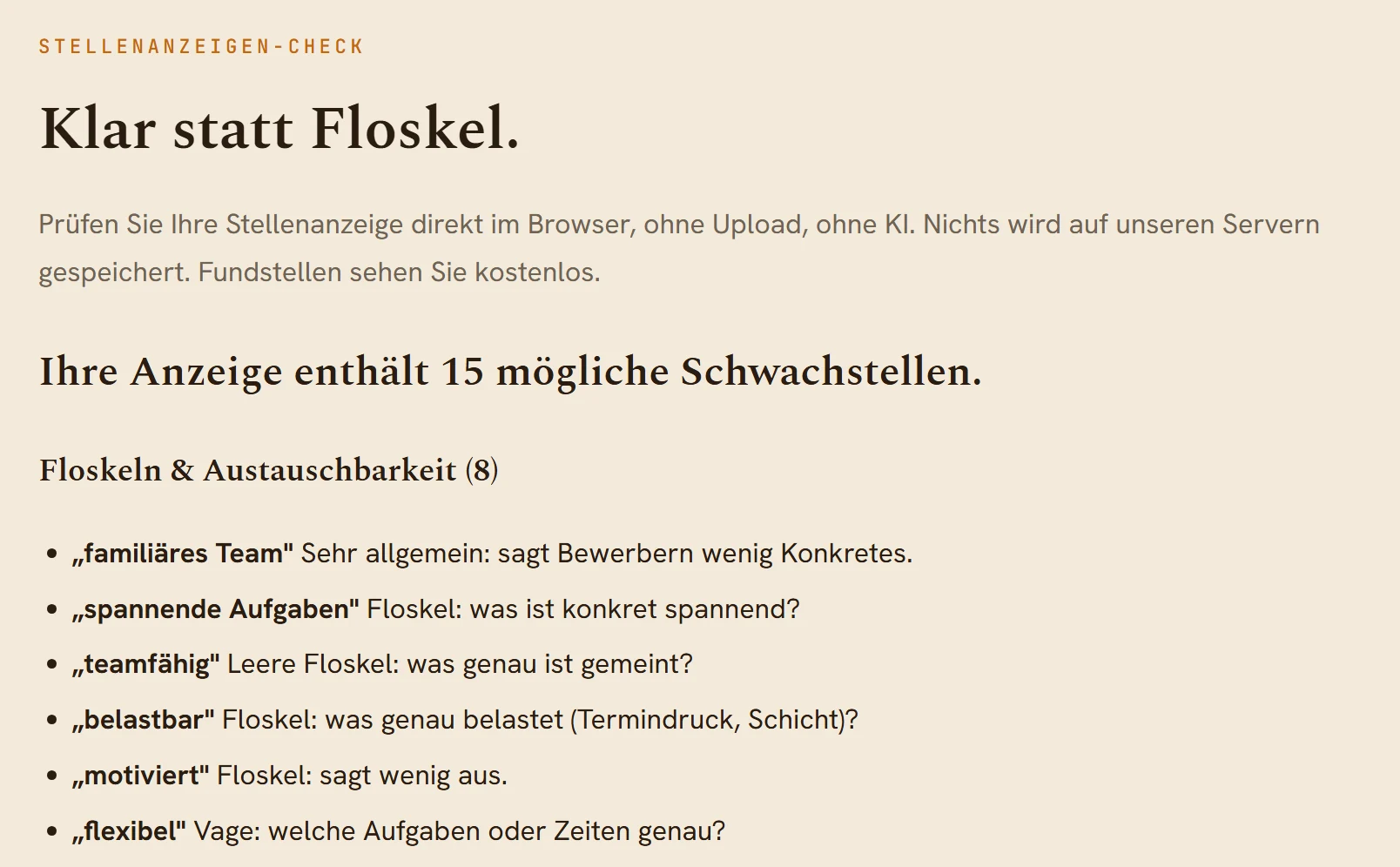 Prüfbericht des Stellenanzeigen-Checks mit markierten Fundstellen