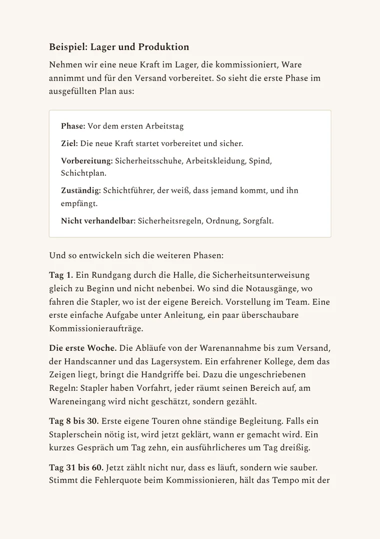 Ein ausgefüllter Beispielplan für Lager und Produktion