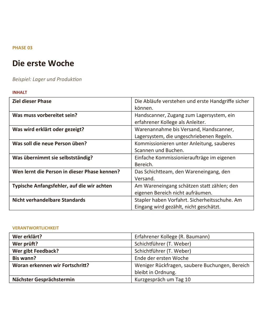 Die Word-Vorlage des Einarbeitungsplans, Phase „Die erste Woche“ am Beispiel Lager ausgefüllt.