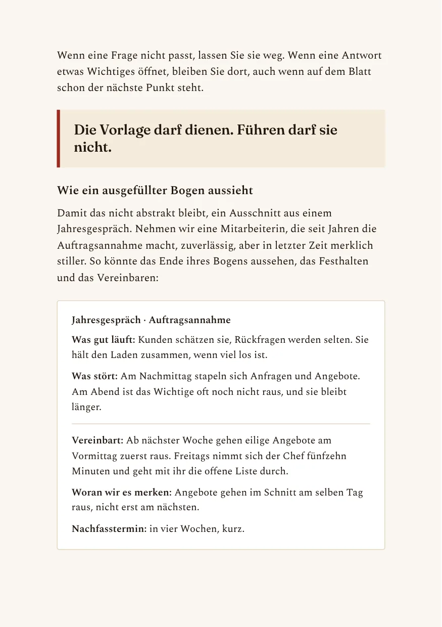 Ein ausgefüllter Gesprächsbogen: Festhalten, Vereinbaren und Nachfassen eines Jahresgesprächs