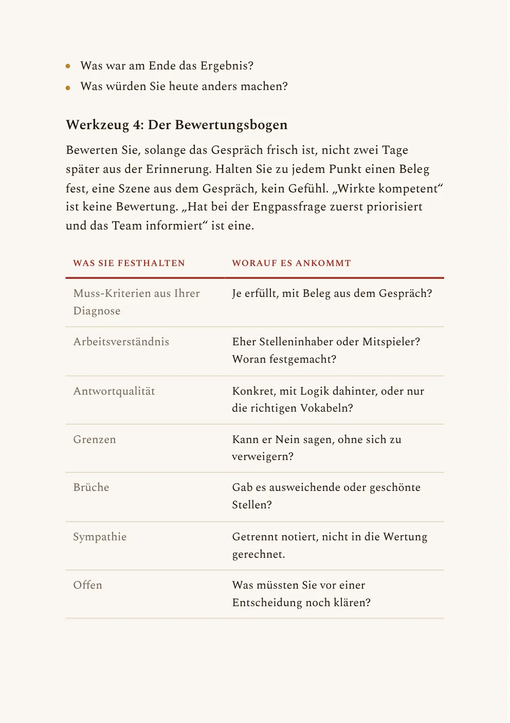 Werkzeugteil mit dem Bewertungsbogen